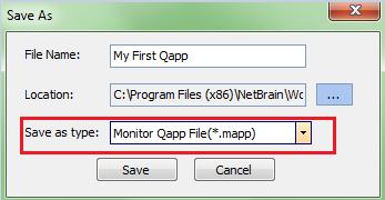 (a) Here we save to My Files under Qapp Center and click OK to close the location window. (b) Click the drop-down menu of save as type and select Monitor Qapp File (c) Click Save to finish the Qapp.