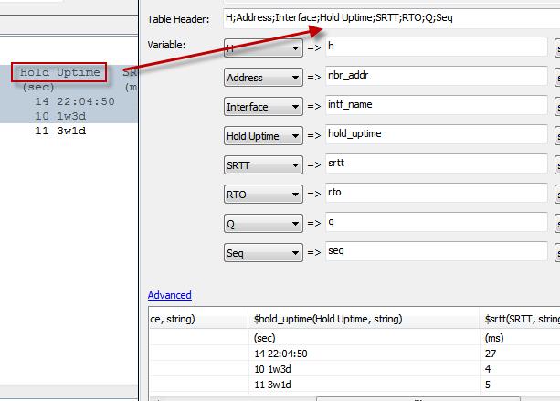 You only need to assign interesting fields. Here we are interested with neighbor IP address, interface name and uptime.