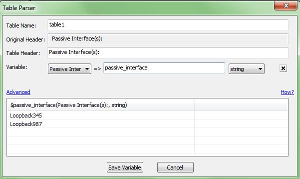 (4) Click Save Variable and you will see that the passive interfaces are correctly parsed. 3.4.2 Analyze data parsed by Filter Parser In Output node, you will see the variable passive_intf listed under Select Data tab.