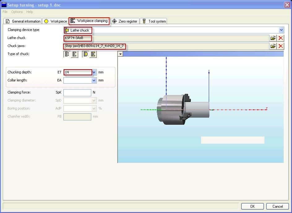 5. Click on tab 3: Workpiece clamping to fill in the clamping device information as shown in Fig. 2.12.