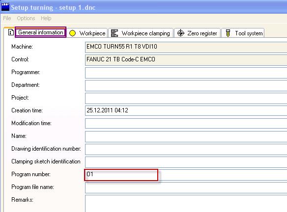 3. Click on tab 1: General information and then enter the program number starting with O letter. In this example you can write O1. Fig. 2.7: General information tab 4.