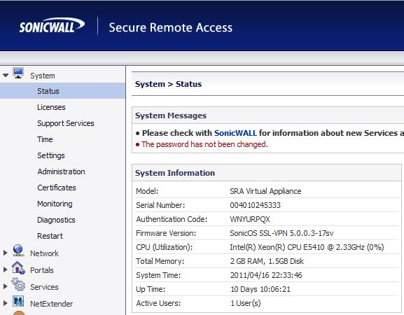 Configuring Settings on the Appliance Web Interface After configuring the IP address and default route settings on the SonicWALL SRA Virtual Appliance console, the next steps are to configure the