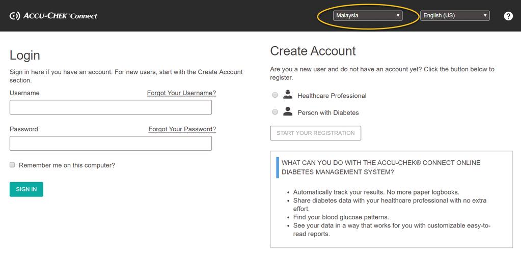 Setting up an account on the Accu-Chek Connect Online portal Step 1: Log on to