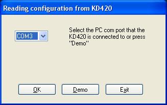 With the KD420 connected to the PC serial port and powered up, start the KD420CFG.EXE Configuration program from the shortcut in the Window Start menu.