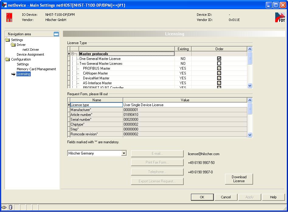 Description of the nethost DTM 121/158 12.4.4 Licensing Dialog Window Note: Usually, all nethost devices are already equipped with the necessary license on delivery.