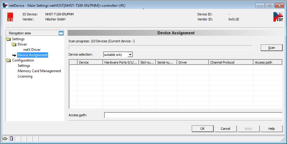 NHST-T100-EN: Downloading Firmware to the Device with SYCON.net 28/158 The nethost DTM opens with the Device Assignment dialog window. SYCON.net automatically starts to search for connected devices.