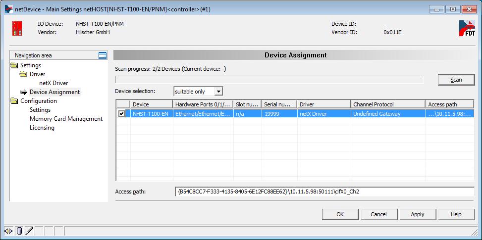 NHST-T100-EN: Downloading Firmware to the Device with SYCON.net 30/158 6. Assign nethost device. In the Navigation Area, select Settings > Device Assignment. The Device Assignment dialog window opens.