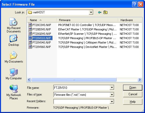 Updating Firmware with SYCON.net 98/158 The Select Firmware File dialog opens: Figure 90: Select Firmware File Dialog in SYCON.net Navigate to the directory where the firmware file is stored.