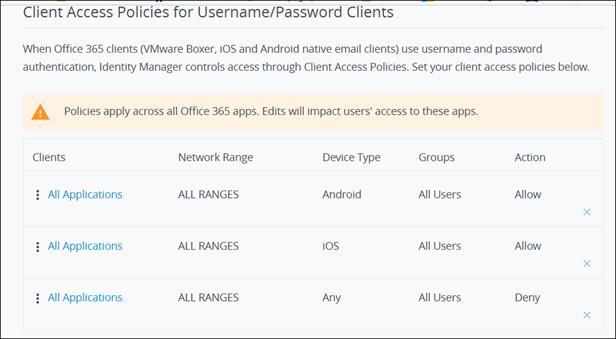 2. Create a policy that allows all clients to access Exchange ActiveSync on Android. 3. Create a policy that allows all clients to access Exchange ActiveSync on ios. 4.