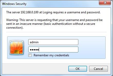2. When the following dialog box appears, please enter the default user name and password admin (or the