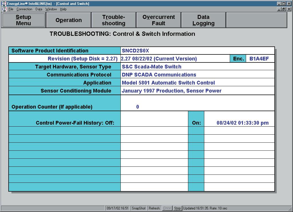 Figure 7. TROUBLESHOOTING: Control & Switch Information screen.
