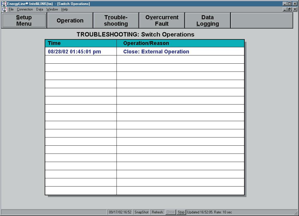 Figure 8. TROUBLESHOOTING: Switch Operations screen. This screen includes the following fields: The log can hold 18 entries.