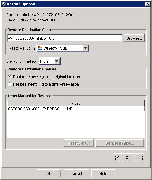 Select the Restore Destination. See Appendix D for how to restore to an alternate server.
