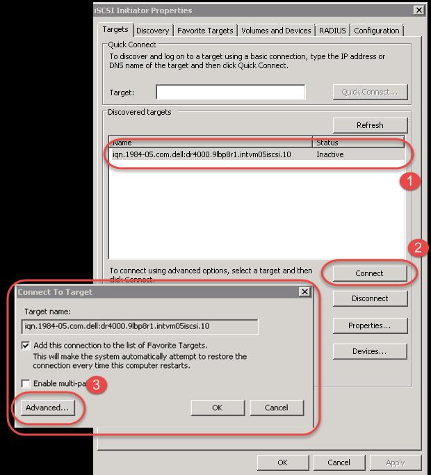 2. Close the dialog box and proceed by selecting the newly discovered target. This target will have an Inactive Status as it requires authentication parameters to be provided for iscsi logon.