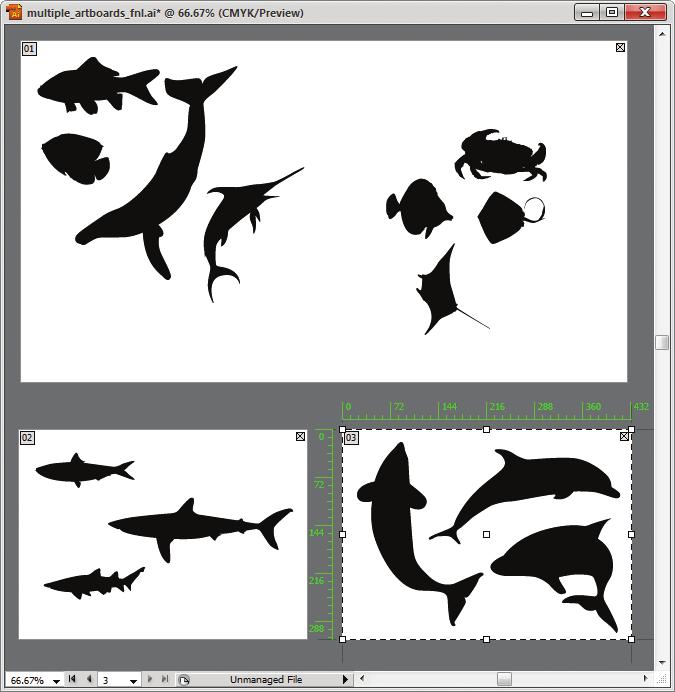 Drag the shark objects to artboard number 2 and drag the dolphin objects to artboard number 3. Select the Artboard tool on the Tools panel. Rename Artboard 3 to Dolphins on the Control panel.