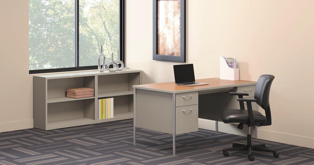 DESKS Mentor Double Pedestal Desk with Volt Task Chair and Brigade Bookcases.