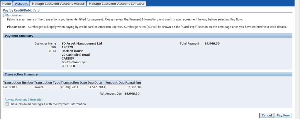 1) To pay your invoice, select the invoice by clicking in box and click on Pay by Credit/Debit Card in the Account page.