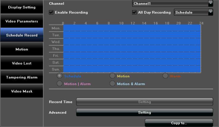 4.2.3 Schedule Record Modify each video channel parameters on the Schedule Record interface,as shown in the below picture: