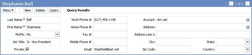 The list includes one contact, Stephanie Bell. The lower applet displays further detail for this contact, including job title, work phone number, account, and other information.
