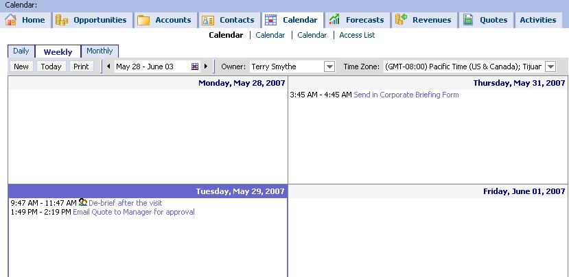 Viewing Activities An employee may view activities in several views or screens: 4-14 Activities List View Activity To Do List View Calendar Screen An employee s activities show up in the Calendar