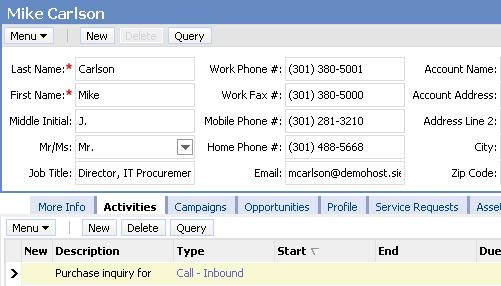 Add an Activity for the Contact 5-9 Add an activity to document the customer's inbound call 1. Drill down on Last Name in the Contacts list Add an Activity for the Contact 3.