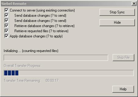 selecting File > Synchronize Database in his Siebel Remote client. A Siebel Remote dialog shows the synchronization progress.