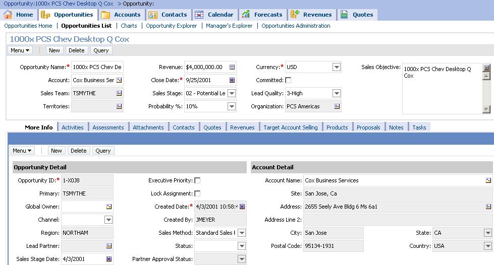 Scenario 1: Use Opportunity Data Terry Smythe examines his new opportunities Uses the More Info view tab to get an overview 6-10 Scenario 1: Use Opportunity Data Diagram The screenshot shows a