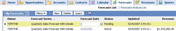 Scenario 2: Sales Representative Creates a New Forecast Terry Smythe navigates to the Forecasts screen and creates a new forecast 6-17 Enters Forecast Date using pick applet Drills down on Forecast