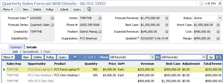 Scenario 2: Forecasts and Revenues A forecast: 6-19 Is based on opportunity revenue estimates Can be analyzed by exporting to a spreadsheet, viewing a detailed list, or using charts Scenario 2: