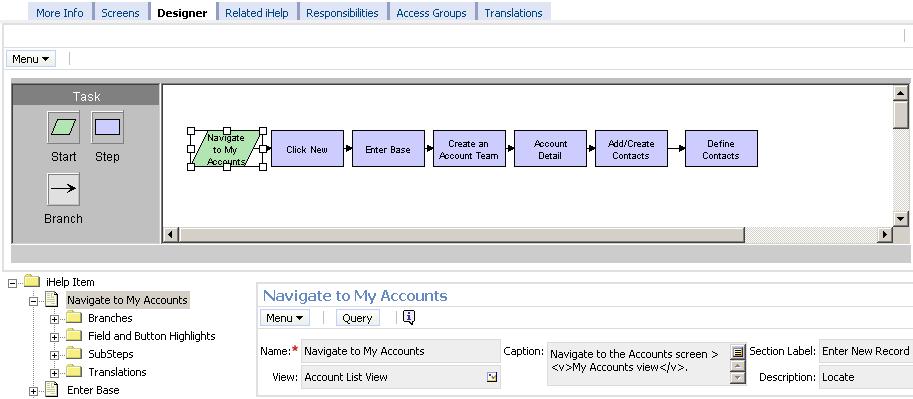 ihelp Designer 8-9 ihelp Designer ihelp step attributes are shown in ihelp Designer s child applet Other data for a step are viewable via the tree applet Diagram The screenshot shows the ihelp