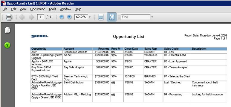 Reports Capture and display information from the Siebel database Information is displayed independently of how it is displayed in a view Are read-only snapshots of information Are available in a
