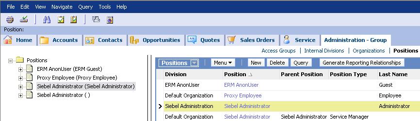 Create Positions Create Positions in the Administration Group > Positions view Positions require a name and a division Siebel applications provide some seed positions such as Siebel Administrator