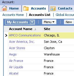 different view. This example shows the Account Name hyperlink in the My Accounts list.