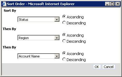 The example selects this applet-level menu item in the My Accounts List, which brings up the Sort Order dialog.