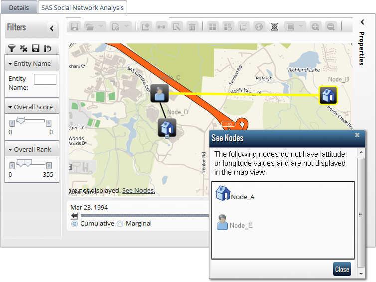92 Chapter 4 / Social Network Analysis The following display shows an example map view along with the See Nodes window listing the nodes not displayed in the view. Display 4.