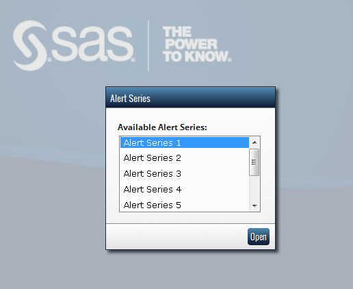 Access the SAS Social Network Analysis Server 11 Display 2.2 View of Alert Series Window 4 If you are prompted, click the alert series to investigate and click Open to continue to the alert series.