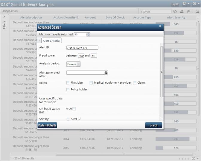 Search and Filter Alerts 65 window enables selection of search criteria so that only the alerts of interest are retrieved from the SAS Social Network Analysis Server. Display 3.