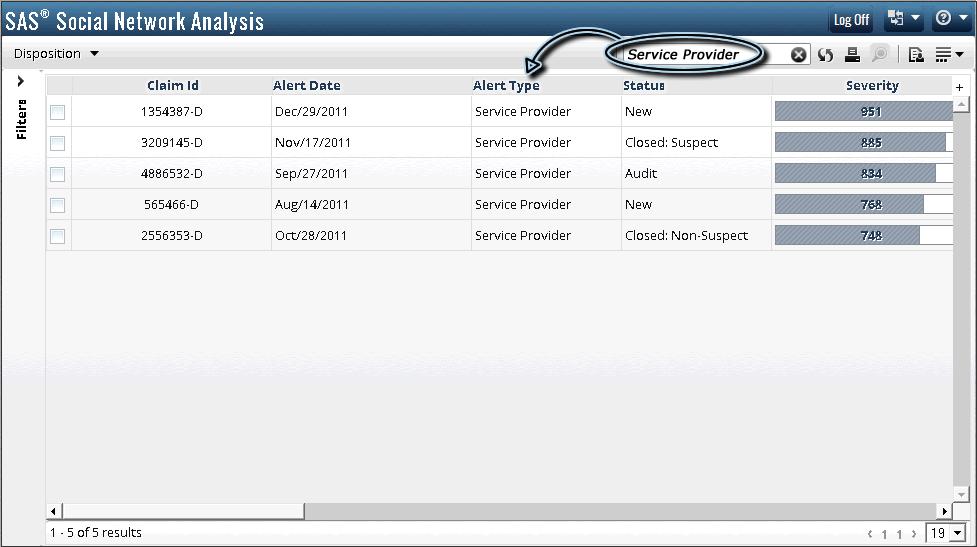 68 Chapter 3 / Interface Customization and Alert Management and Disposition the criteria are hidden from view. The following example shows the Alerts window filtered for the term Service Provider.