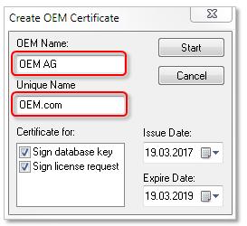 OEM certificates ð The Create OEM Certificate input window opens. 3. Enter the required data for an OEM Certificate Request File : Enter an OEM name. You can choose the name of the OEM name.