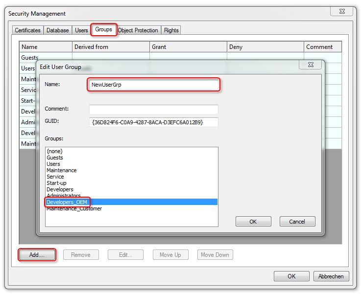 Protection of the OEM application software 1. Select the Groups tab. 2. Click on Add to create a new group. ð The Edit User Group dialog opens. 3. Give the group a name (Name). 4.