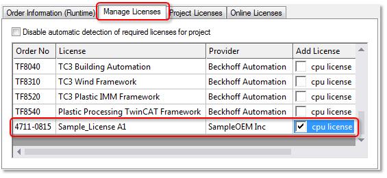 License description file: "Manage Licenses" tab of the license manager: Double-clicking on the row containing
