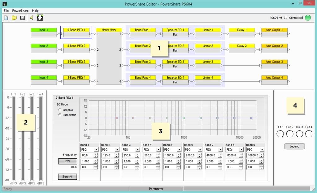 Software Interface Overview Software Interface Overview The PowerShare Editor software interface consists of four primary components: Signal Processing Map [1] Input Metering [2]