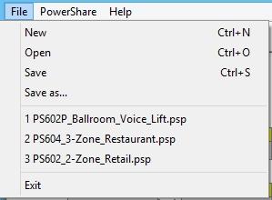 .. Most Recently Used Function Create a new project file with all signal processing parameter settings restored to their default values. Open an existing PowerShare Editor Project (.