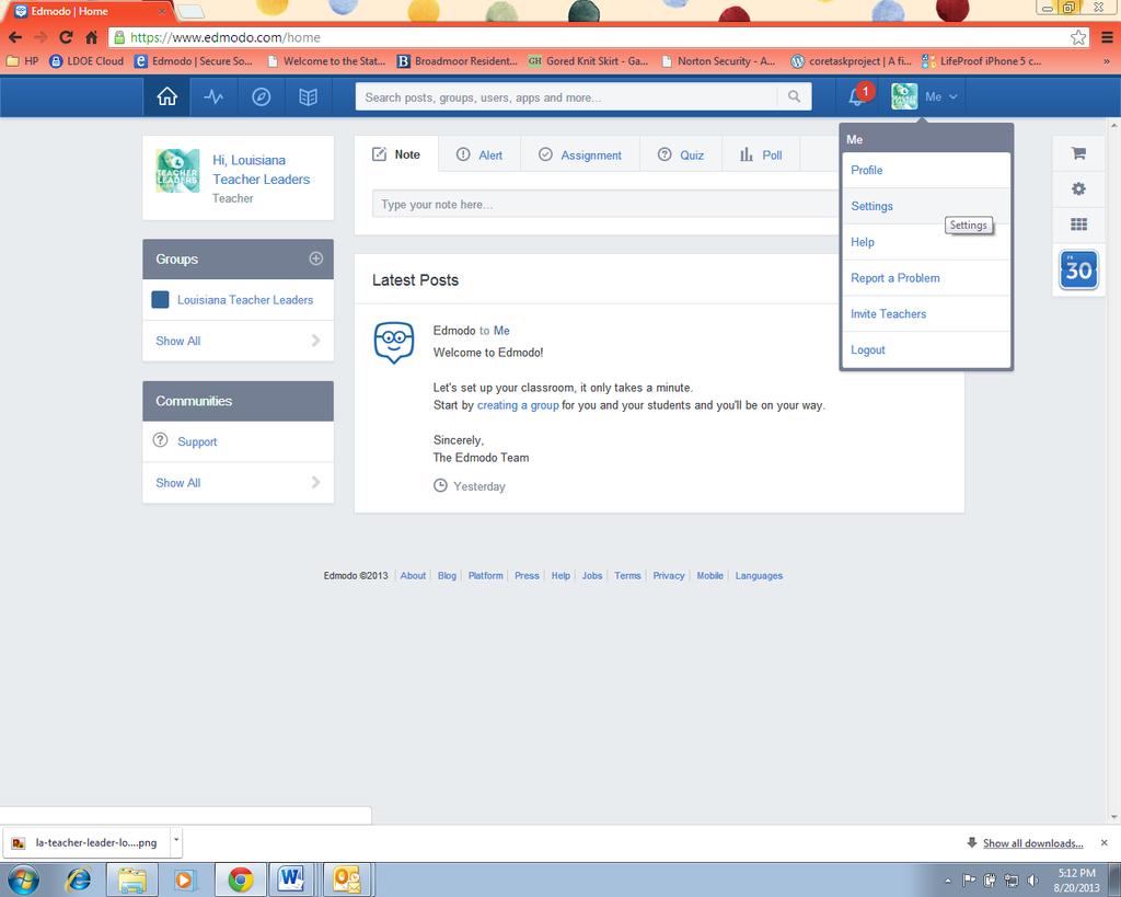 To change settings (and stop getting so many e-mails!): 1. Go to www.edmodo.com and login. 2. Look to the top right of the page and locate the drop down menu next to Me. 3. Click on Settings. 4.