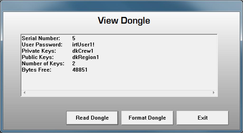 Database Editor Program Formatting a Dongle Figure 20 shows an example of the View Dongle dialog box. Figure 20. The View Dongle dialog box.