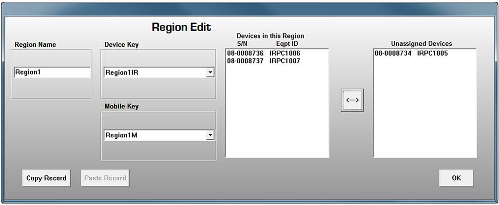 Database Editor Program Creating Regions and Crews When the Provide for Region Specific Keys option is selected, the Regions tab will be available on the Main screen next to the Device tab.