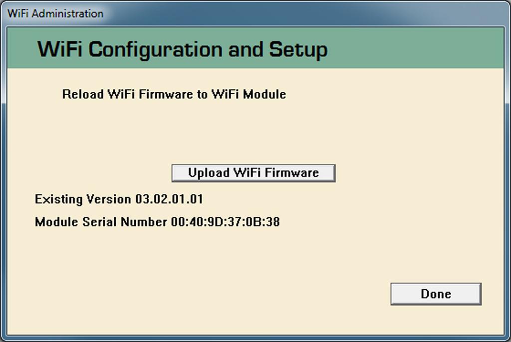 Wi-Fi Admin Functions Uploading Wi-Fi Firmware To upgrade the Wi-Fi module firmware, select the Reload Wi-Fi Firmware button on the Wi-Fi Admin screen.
