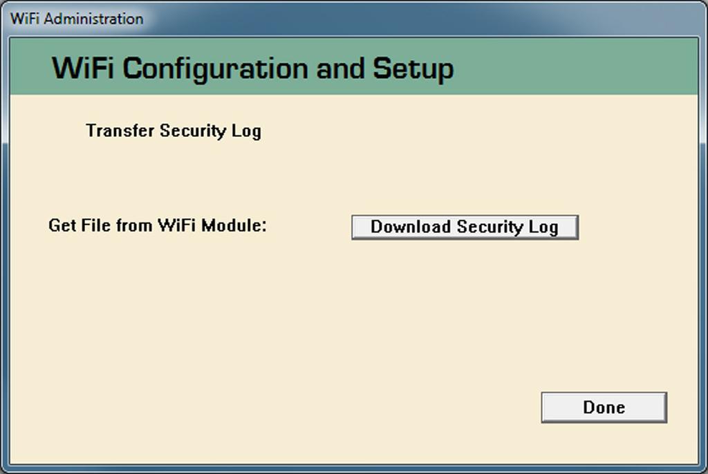To download the Wi-Fi security log, select Wi-Fi Security Log on the Wi-Fi Admin screen. Then, click on the Download Security Log button to complete the process. See Figure 40.