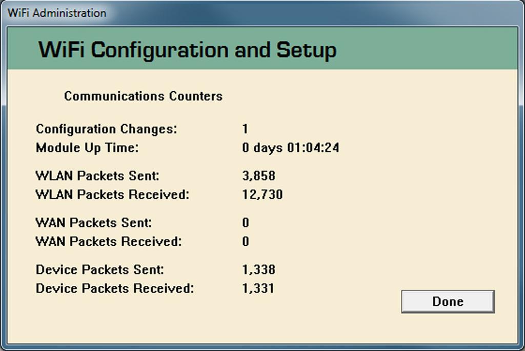 Wi-Fi Admin Functions Communication Counters To review Wi-Fi communication statistics, click on the Communication Counters button on the Wi-Fi Admin screen.