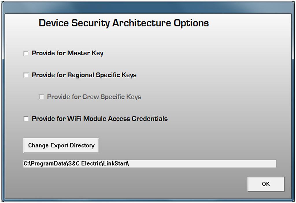 Wi-Fi Security Key Administration Security Key Manager The first time the Security Key Manager is run after installation, the Device Security Architecture Options dialog opens.